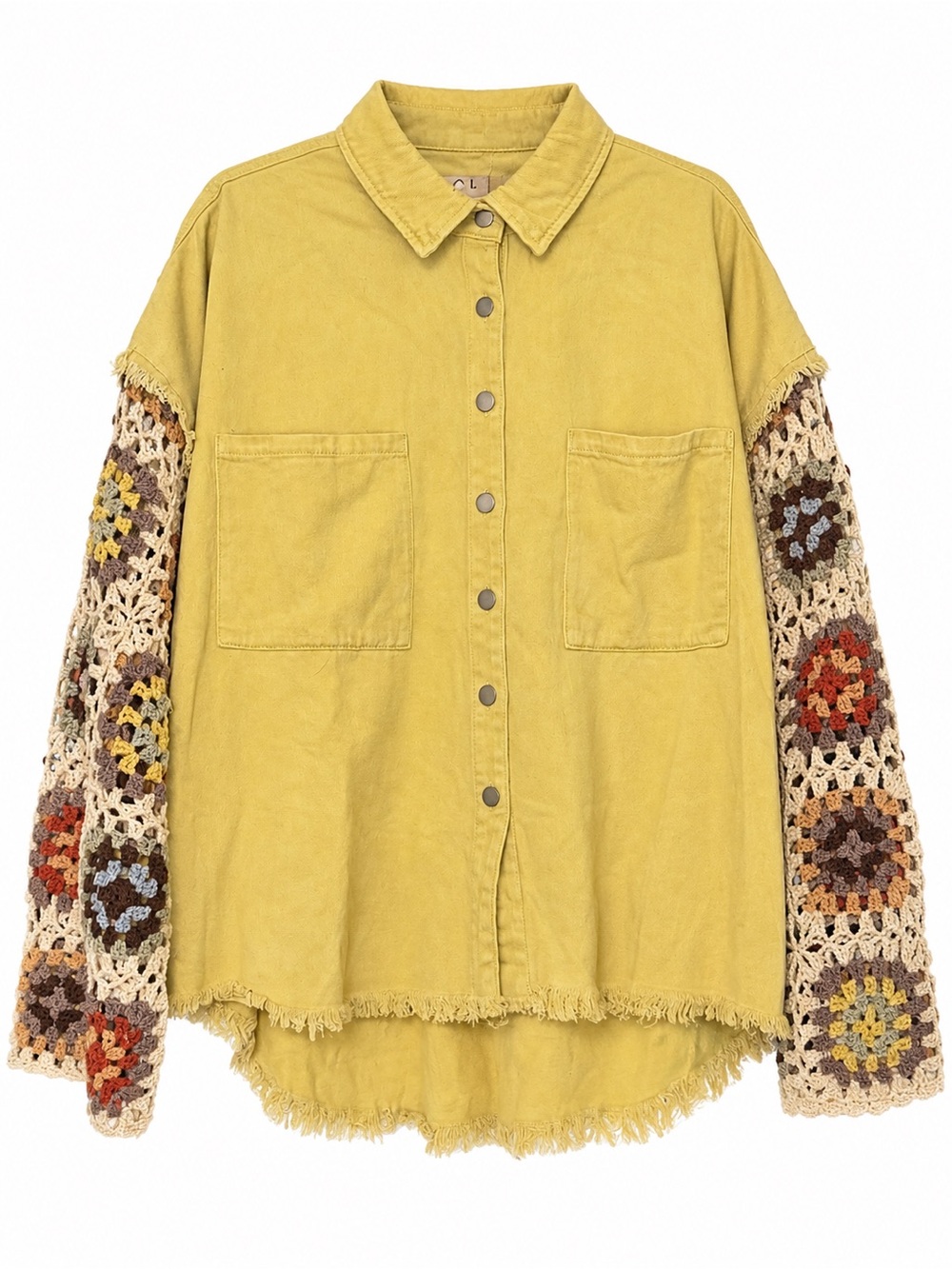 POL Bright Yellow Button-Front Jacket Shacket with Crochet Sleeves